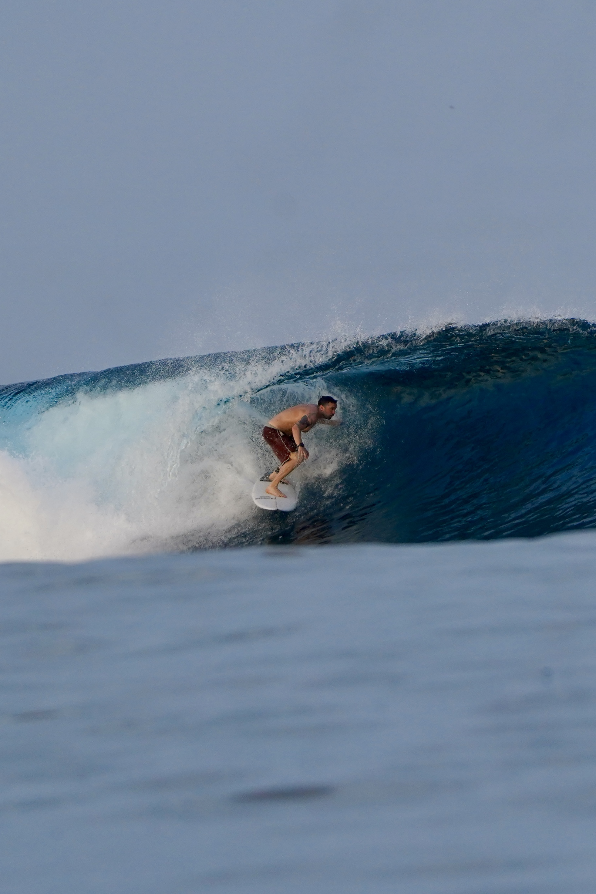 A surfer crouches on a white surfboard while riding a breaking blue wave